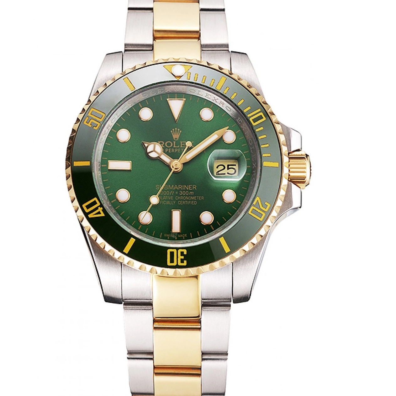 Submariner Swiss Steel Rolex And Dial Tone Two Gold Bracelet Bezel Green 0625